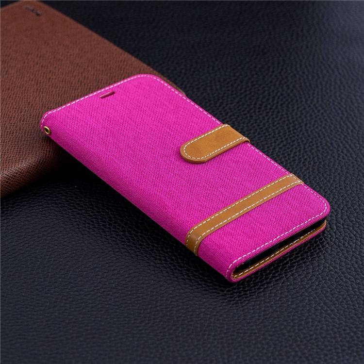 Splicing Jean Cloth PU Leather Wallet Stand Casing with Strap for Xiaomi Redmi Note 6 Pro - Rose-9