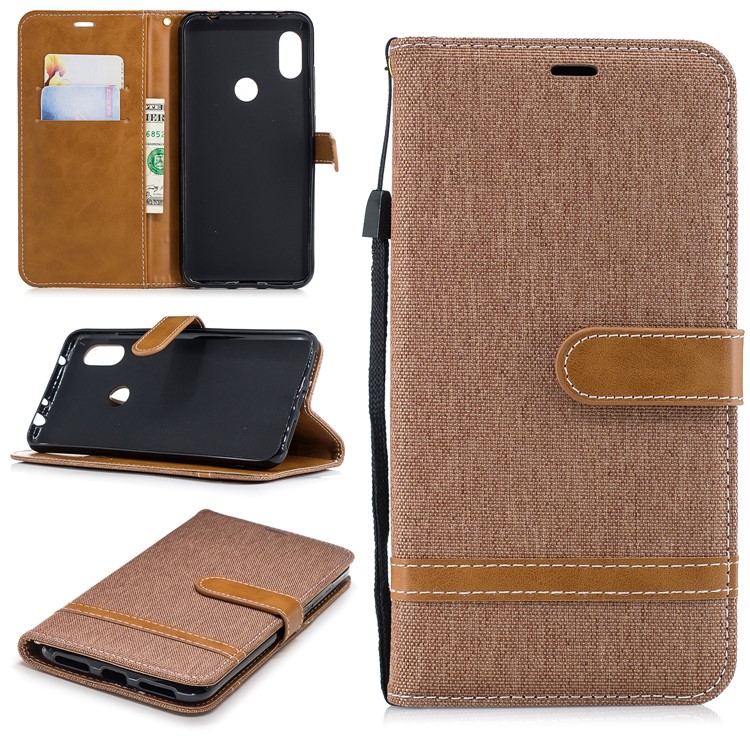 Splicing Jean Cloth PU Leather Wallet Stand Mobile Phone Case with Strap for Xiaomi Redmi Note 6 Pro - Khaki-1