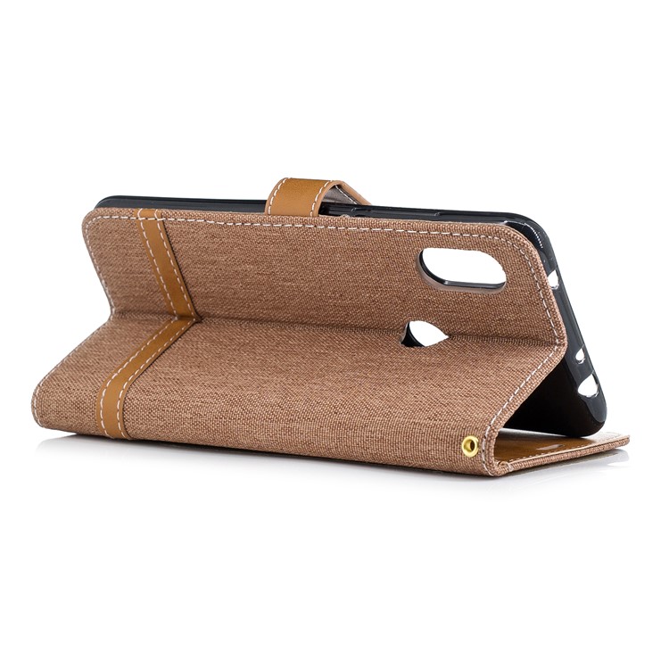 Splicing Jean Cloth PU Leather Wallet Stand Mobile Phone Case with Strap for Xiaomi Redmi Note 6 Pro - Khaki-4
