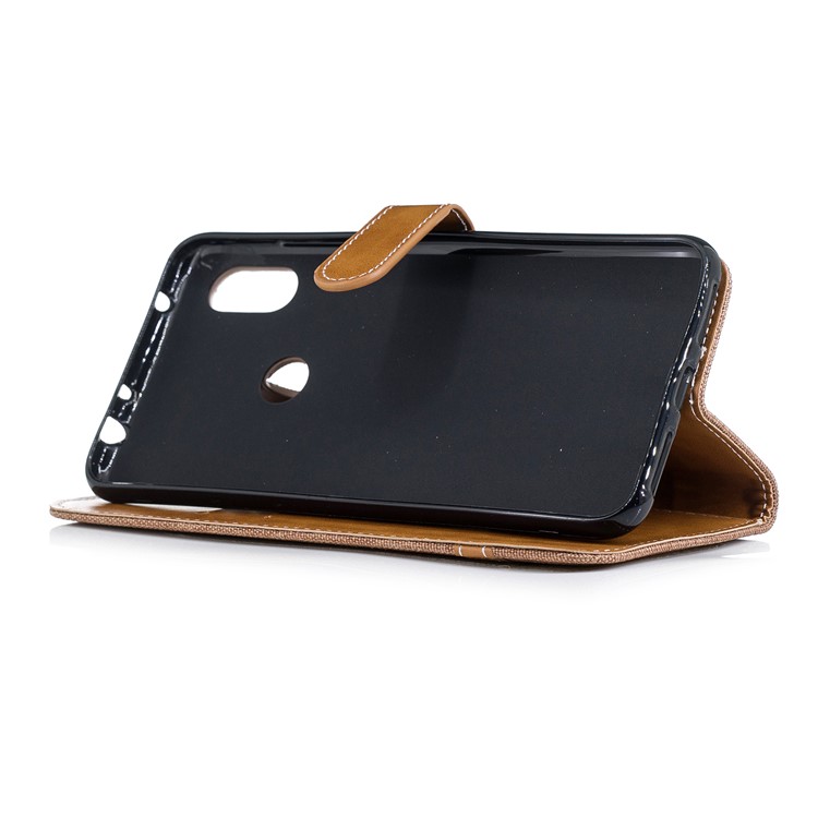 Splicing Jean Cloth PU Leather Wallet Stand Mobile Phone Case with Strap for Xiaomi Redmi Note 6 Pro - Khaki-5