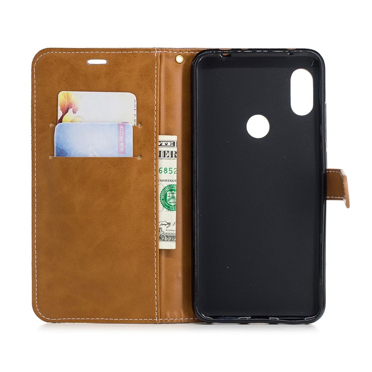 Splicing Jean Cloth PU Leather Wallet Stand Mobile Phone Case with Strap for Xiaomi Redmi Note 6 Pro - Khaki-8