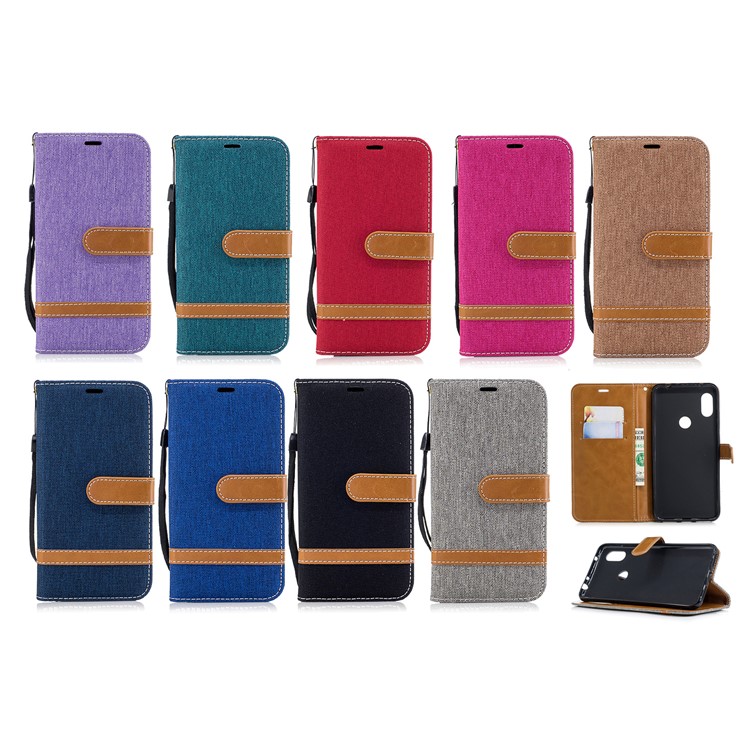Splicing Jean Cloth PU Leather Wallet Stand Mobile Phone Case with Strap for Xiaomi Redmi Note 6 Pro - Khaki-9