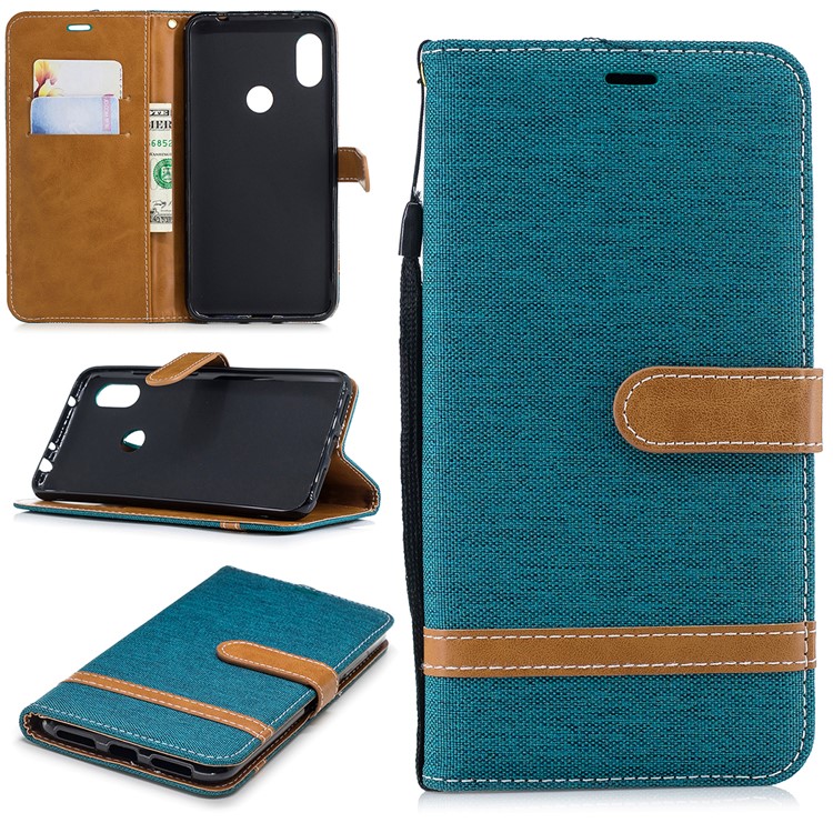 Splicing Jean Cloth PU Leather Wallet Stand Cell Phone Case with Strap for Xiaomi Redmi Note 6 Pro - Green-1