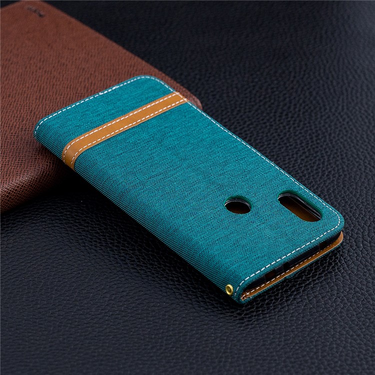 Splicing Jean Cloth PU Leather Wallet Stand Cell Phone Case with Strap for Xiaomi Redmi Note 6 Pro - Green-10