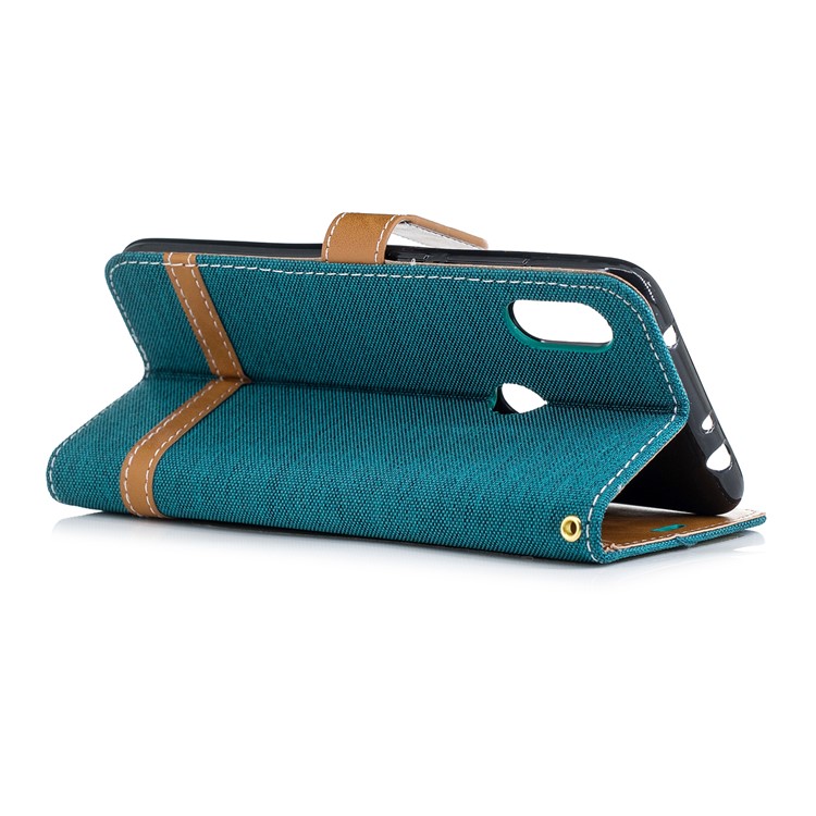 Splicing Jean Cloth PU Leather Wallet Stand Cell Phone Case with Strap for Xiaomi Redmi Note 6 Pro - Green-4