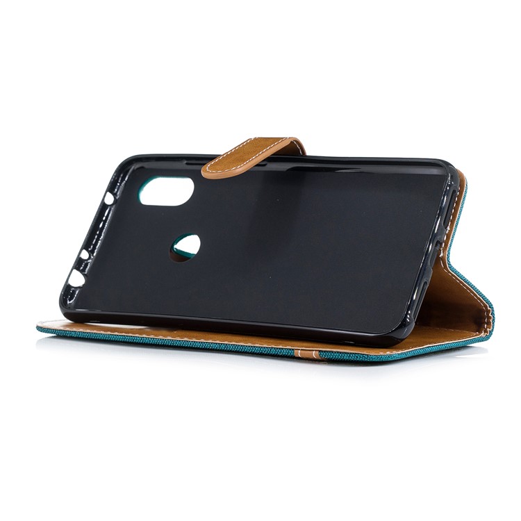 Splicing Jean Cloth PU Leather Wallet Stand Cell Phone Case with Strap for Xiaomi Redmi Note 6 Pro - Green-5