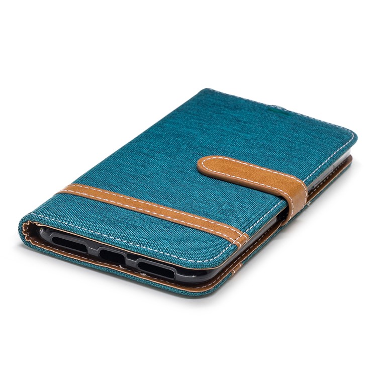 Splicing Jean Cloth PU Leather Wallet Stand Cell Phone Case with Strap for Xiaomi Redmi Note 6 Pro - Green-6