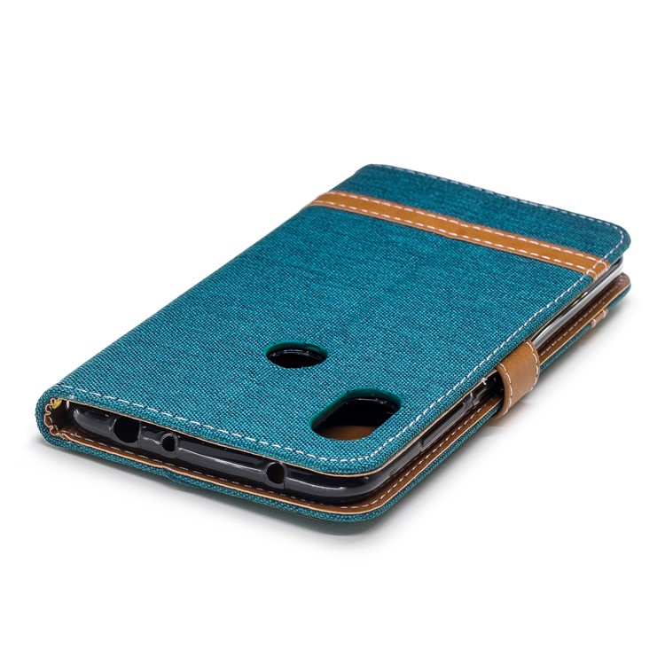 Splicing Jean Cloth PU Leather Wallet Stand Cell Phone Case with Strap for Xiaomi Redmi Note 6 Pro - Green-7