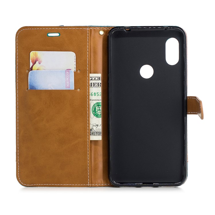Splicing Jean Cloth PU Leather Wallet Stand Cell Phone Case with Strap for Xiaomi Redmi Note 6 Pro - Green-8