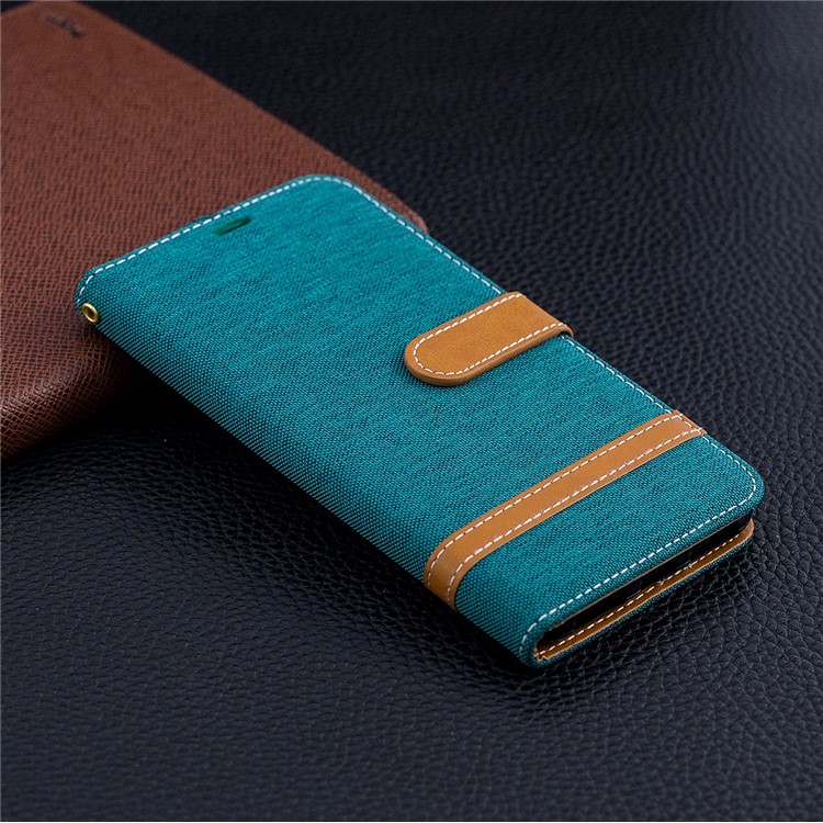 Splicing Jean Cloth PU Leather Wallet Stand Cell Phone Case with Strap for Xiaomi Redmi Note 6 Pro - Green-9