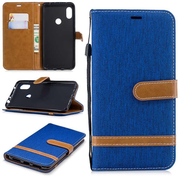 Splicing Jean Cloth PU Leather Wallet Stand Protective Case with Strap for Xiaomi Redmi Note 6 Pro - Baby Blue-1