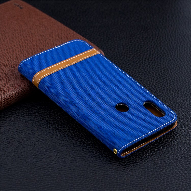Splicing Jean Cloth PU Leather Wallet Stand Protective Case with Strap for Xiaomi Redmi Note 6 Pro - Baby Blue-10