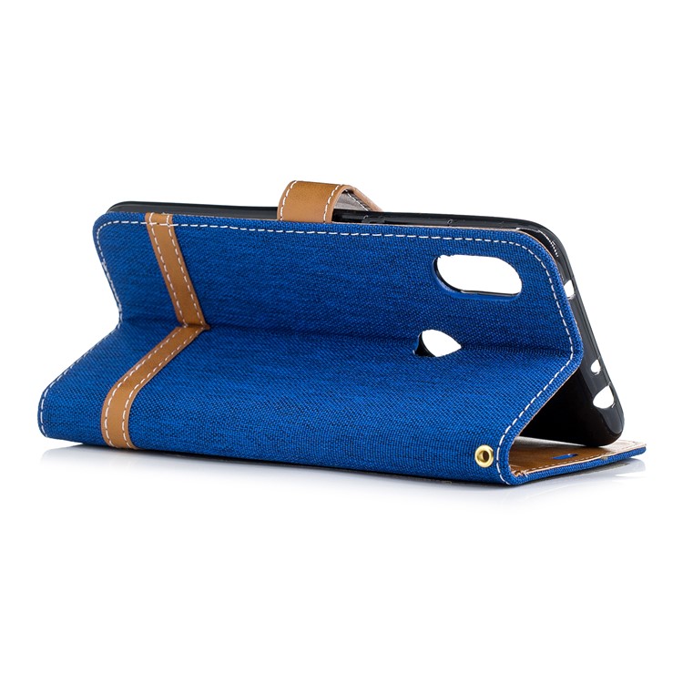 Splicing Jean Cloth PU Leather Wallet Stand Protective Case with Strap for Xiaomi Redmi Note 6 Pro - Baby Blue-4