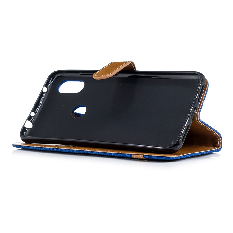 Splicing Jean Cloth PU Leather Wallet Stand Protective Case with Strap for Xiaomi Redmi Note 6 Pro - Baby Blue-5