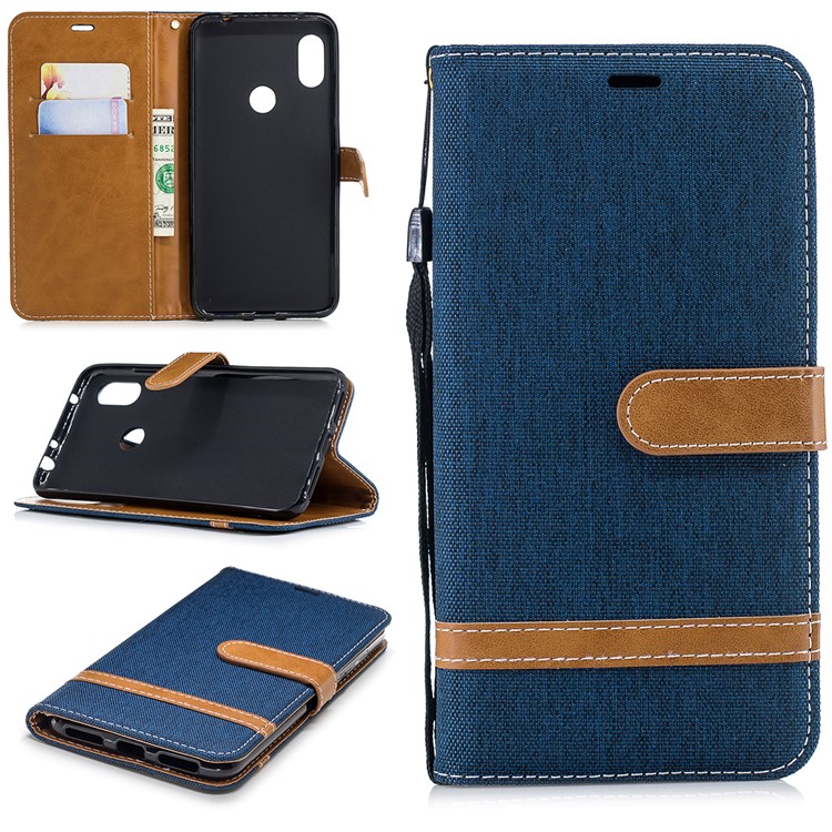 Splicing Jean Cloth PU Leather Wallet Stand Protective Shell with Strap for Xiaomi Redmi Note 6 Pro - Dark Blue-1