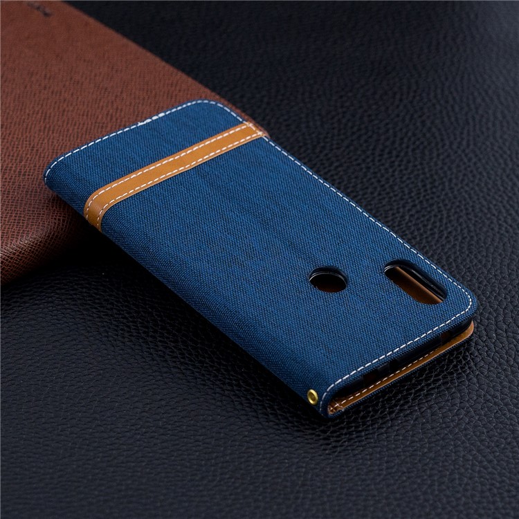 Splicing Jean Cloth PU Leather Wallet Stand Protective Shell with Strap for Xiaomi Redmi Note 6 Pro - Dark Blue-10