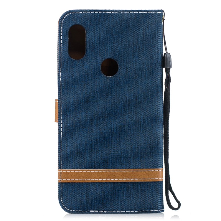 Splicing Jean Cloth PU Leather Wallet Stand Protective Shell with Strap for Xiaomi Redmi Note 6 Pro - Dark Blue-3