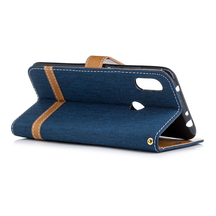 Splicing Jean Cloth PU Leather Wallet Stand Protective Shell with Strap for Xiaomi Redmi Note 6 Pro - Dark Blue-4