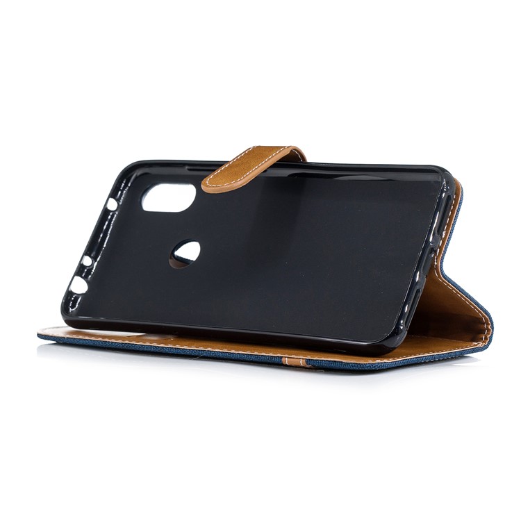 Splicing Jean Cloth PU Leather Wallet Stand Protective Shell with Strap for Xiaomi Redmi Note 6 Pro - Dark Blue-5