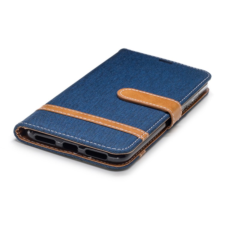 Splicing Jean Cloth PU Leather Wallet Stand Protective Shell with Strap for Xiaomi Redmi Note 6 Pro - Dark Blue-6