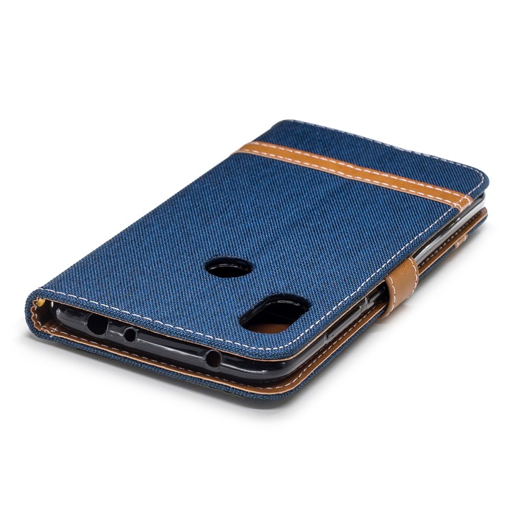 Splicing Jean Cloth PU Leather Wallet Stand Protective Shell with Strap for Xiaomi Redmi Note 6 Pro - Dark Blue-7