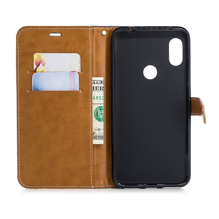 Splicing Jean Cloth PU Leather Wallet Stand Protective Shell with Strap for Xiaomi Redmi Note 6 Pro - Dark Blue-8