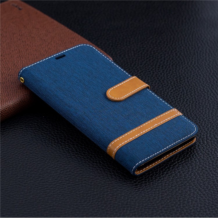 Splicing Jean Cloth PU Leather Wallet Stand Protective Shell with Strap for Xiaomi Redmi Note 6 Pro - Dark Blue-9