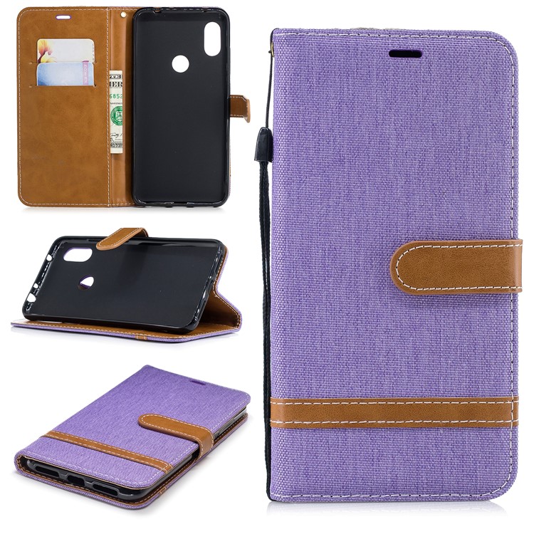 Splicing Jean Cloth PU Leather Wallet Stand Flip Case with Strap for Xiaomi Redmi Note 6 - Purple-1