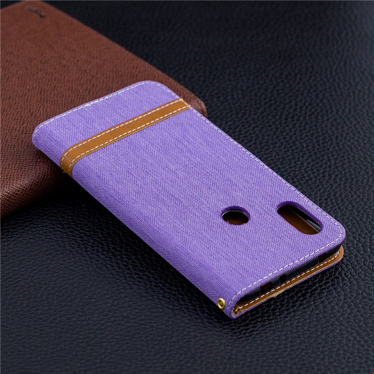Splicing Jean Cloth PU Leather Wallet Stand Flip Case with Strap for Xiaomi Redmi Note 6 - Purple-10