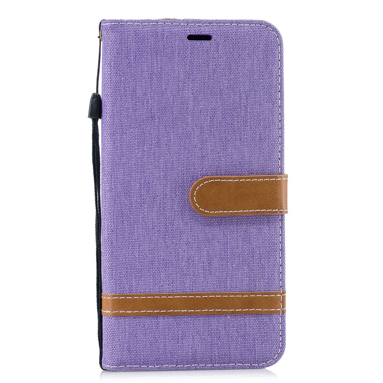 Splicing Jean Cloth PU Leather Wallet Stand Flip Case with Strap for Xiaomi Redmi Note 6 - Purple-2