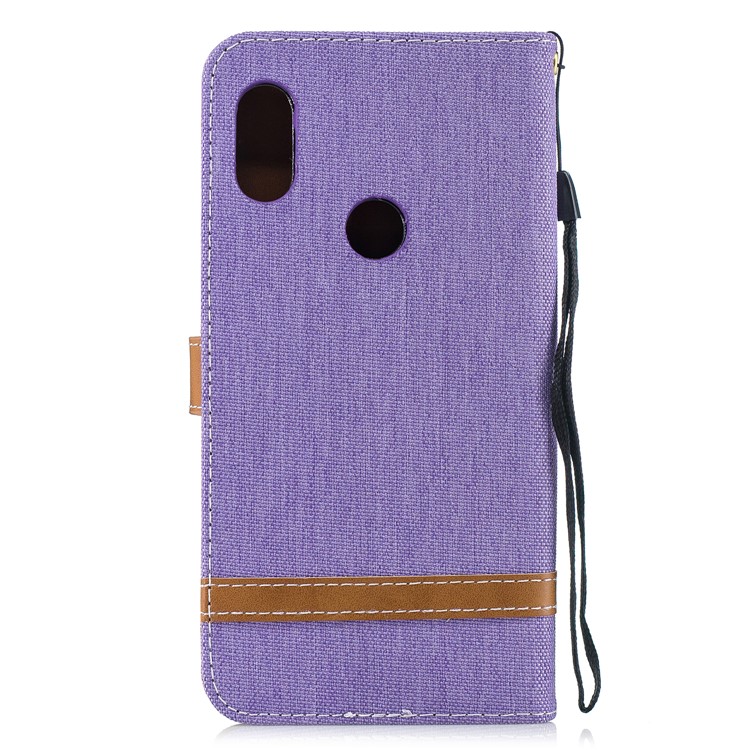 Splicing Jean Cloth PU Leather Wallet Stand Flip Case with Strap for Xiaomi Redmi Note 6 - Purple-3