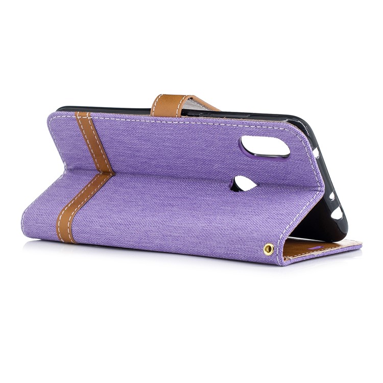 Splicing Jean Cloth PU Leather Wallet Stand Flip Case with Strap for Xiaomi Redmi Note 6 - Purple-4