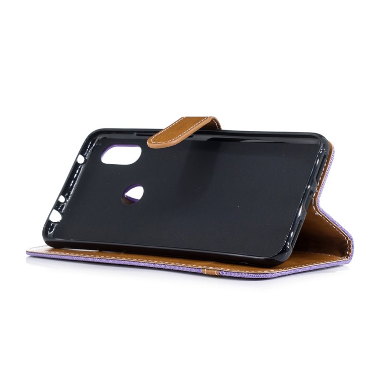 Splicing Jean Cloth PU Leather Wallet Stand Flip Case with Strap for Xiaomi Redmi Note 6 - Purple-5