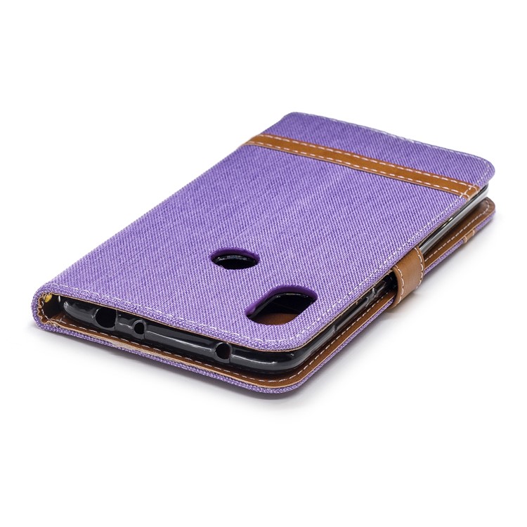 Splicing Jean Cloth PU Leather Wallet Stand Flip Case with Strap for Xiaomi Redmi Note 6 - Purple-7