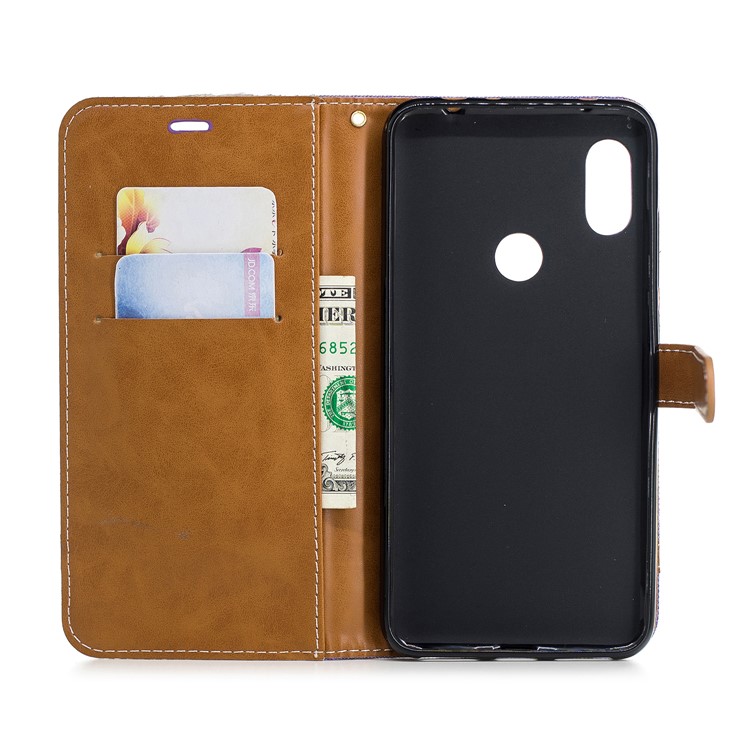 Splicing Jean Cloth PU Leather Wallet Stand Flip Case with Strap for Xiaomi Redmi Note 6 - Purple-8