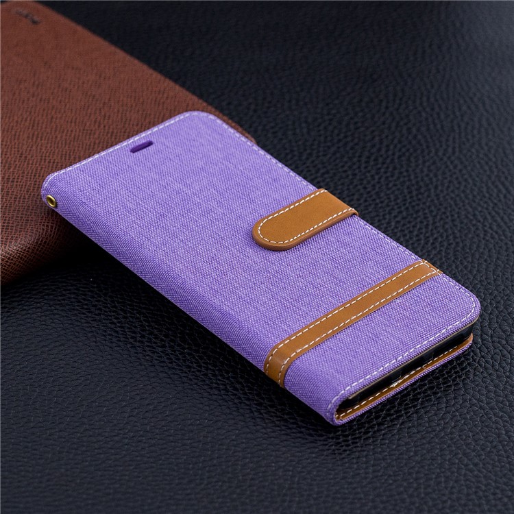 Splicing Jean Cloth PU Leather Wallet Stand Flip Case with Strap for Xiaomi Redmi Note 6 - Purple-9