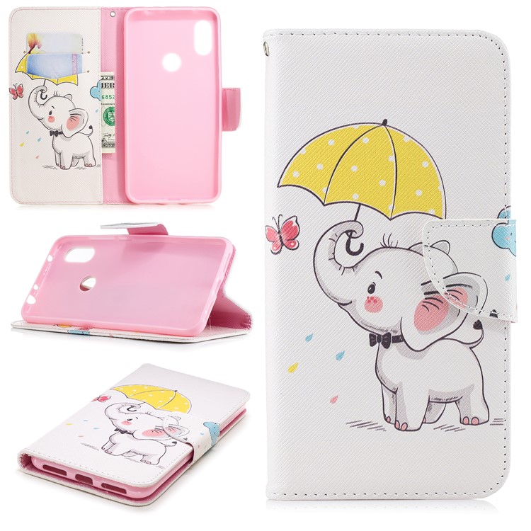 Pattern Printing Wallet Stand Leather Case Shell for Xiaomi Redmi Note 6 Pro - Elephant Holding an Umbrella-1