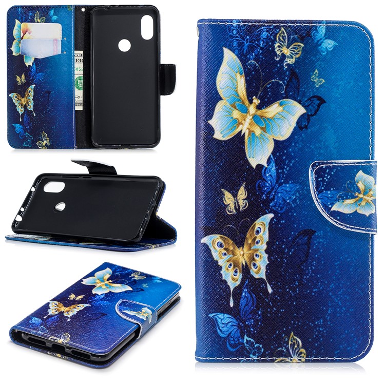 Pattern Printing PU Leather Magnetic Wallet Stand Shell for Xiaomi Redmi Note 6 Pro - Gold and Blue Butterfly-1