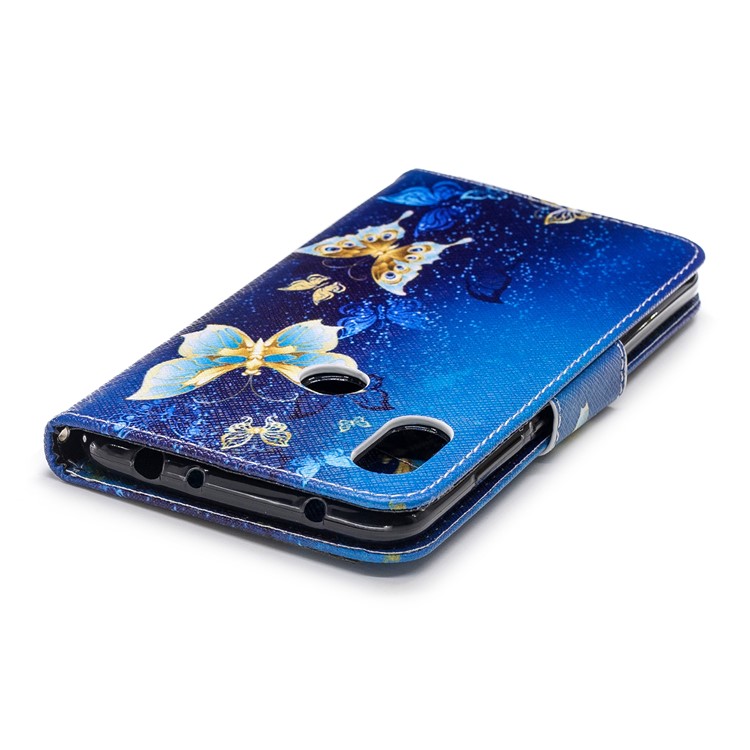 Pattern Printing PU Leather Magnetic Wallet Stand Shell for Xiaomi Redmi Note 6 Pro - Gold and Blue Butterfly-12