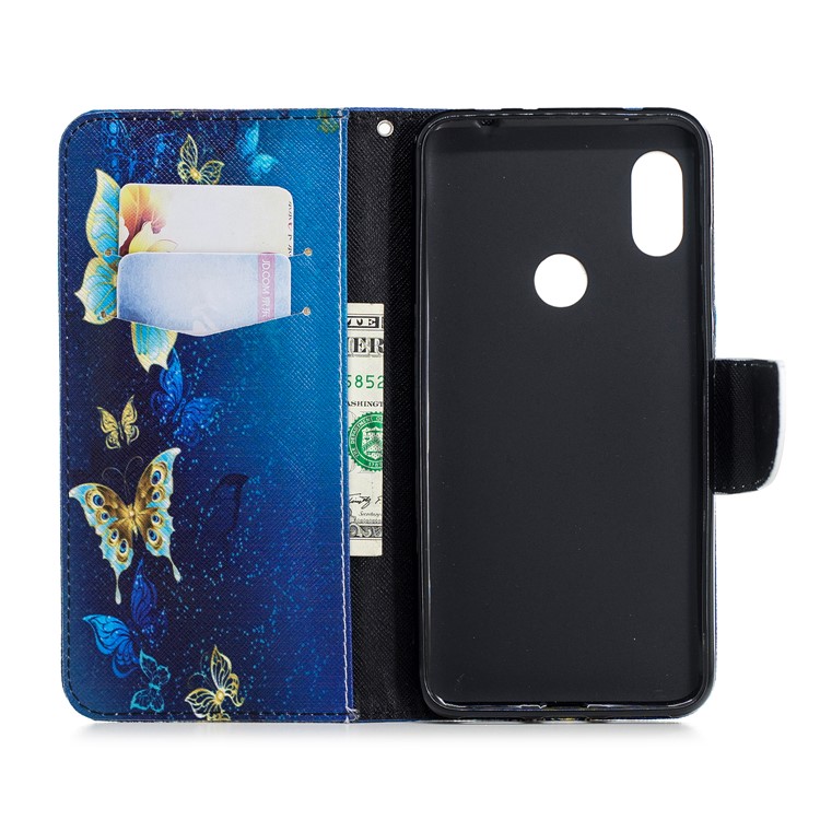 Pattern Printing PU Leather Magnetic Wallet Stand Shell for Xiaomi Redmi Note 6 Pro - Gold and Blue Butterfly-13