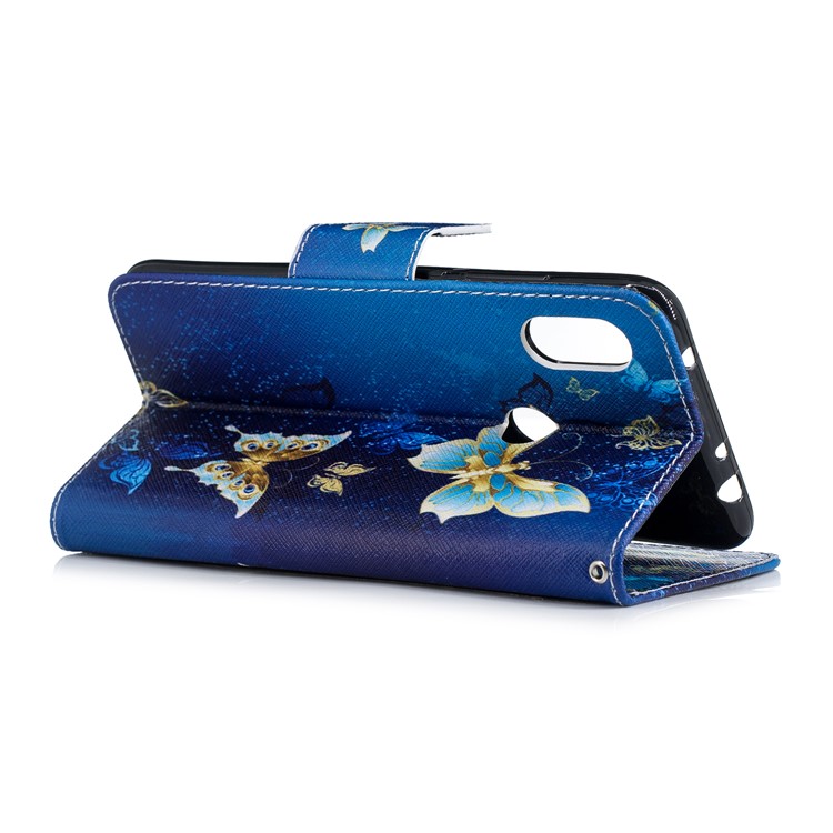 Pattern Printing PU Leather Magnetic Wallet Stand Shell for Xiaomi Redmi Note 6 Pro - Gold and Blue Butterfly-9