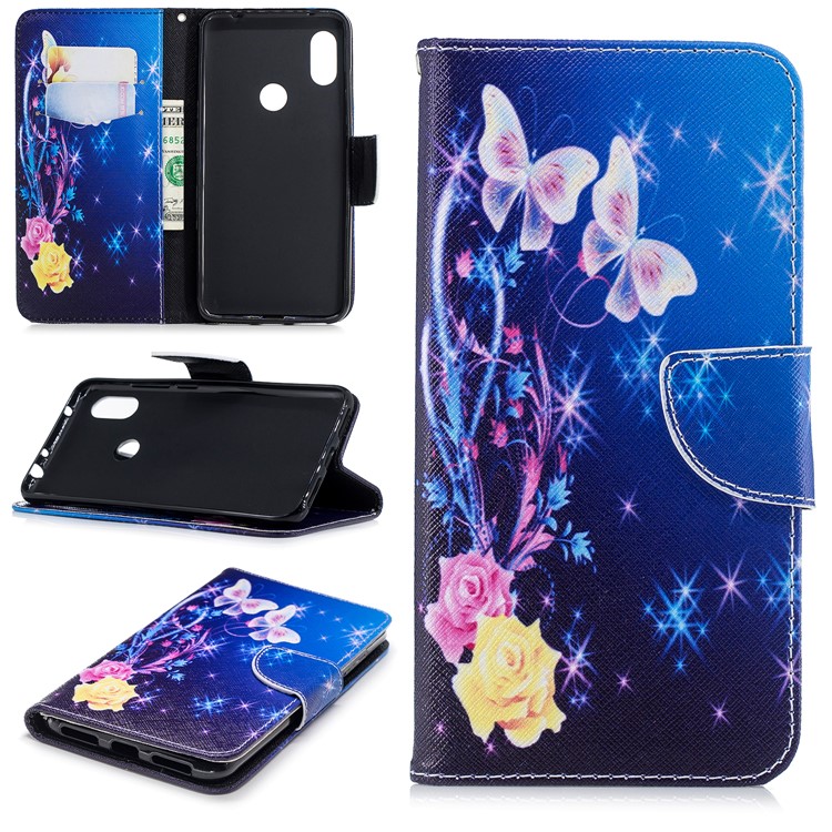 Pattern Printing PU Leather Magnetic Wallet Stand Casing for Xiaomi Redmi Note 6 Pro - Crystal Butterfly and Flower-1