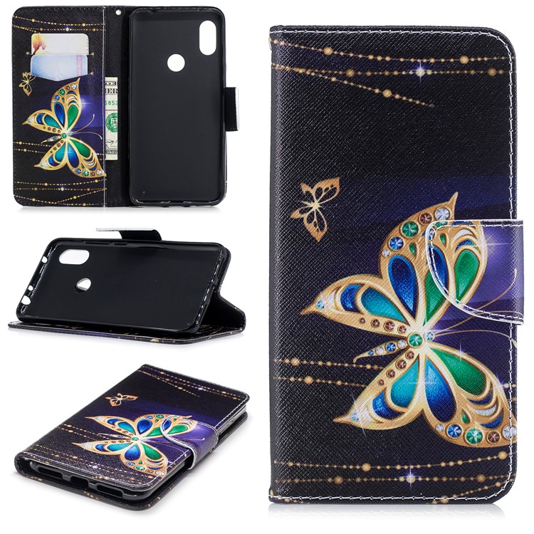 Pattern Printing PU Leather Magnetic Wallet Stand Cell Phone Case for Xiaomi Redmi Note 6 Pro - Rhinestone Decor Butterfly-1