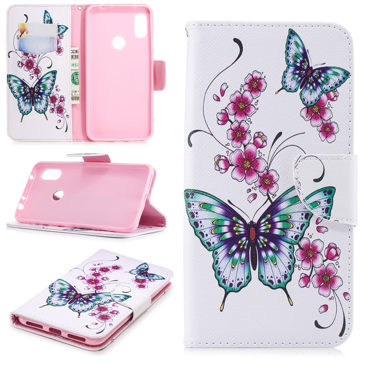 Pattern Printing PU Leather Magnetic Wallet Stand Cell Phone Cover for Xiaomi Redmi Note 6 Pro - Butterfly and Flower-1