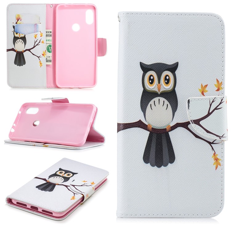 Pattern Printing PU Leather Magnetic Wallet Stand Cell Phone Shell for Xiaomi Redmi Note 6 Pro - Owl on Branch-1