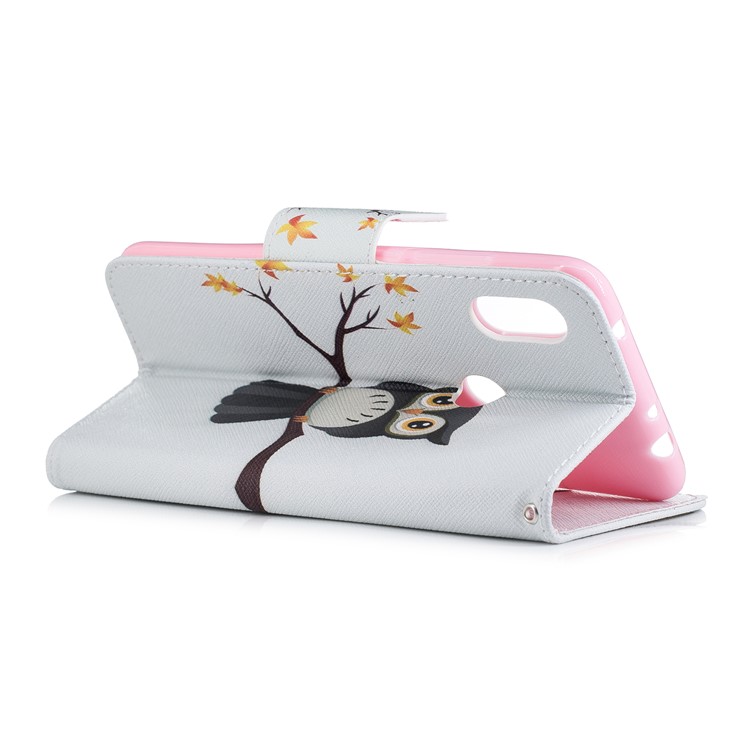 Pattern Printing PU Leather Magnetic Wallet Stand Cell Phone Shell for Xiaomi Redmi Note 6 Pro - Owl on Branch-9