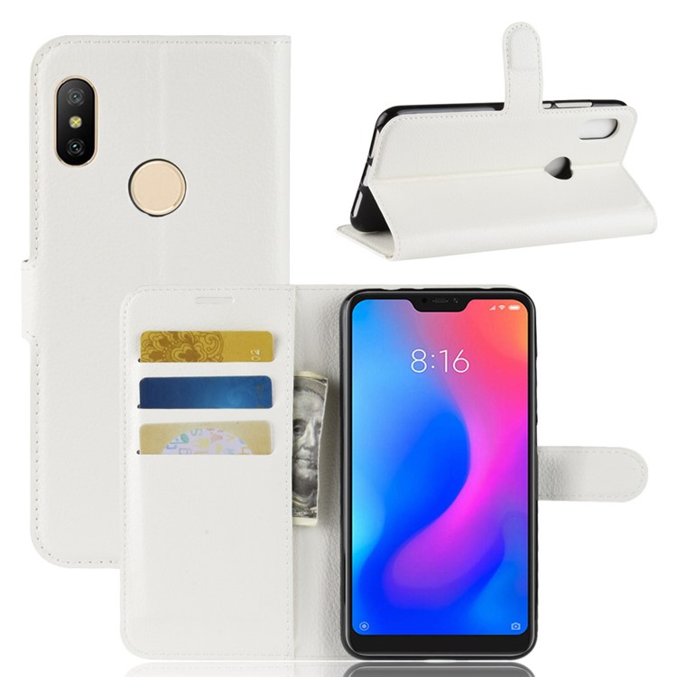 Litchi Texture Wallet Stand Leather Phone Casing for Xiaomi Redmi Note 6 Pro - White-1
