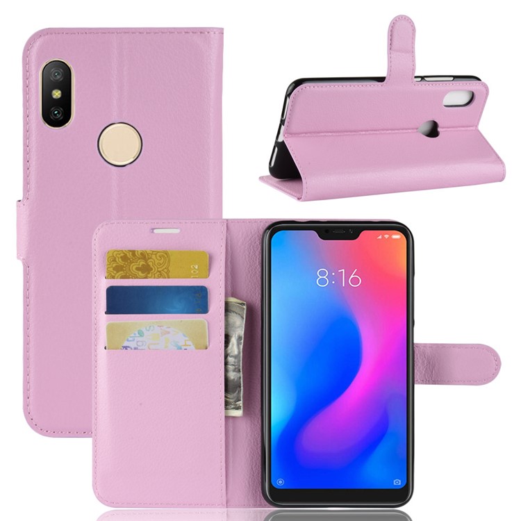 Litchi Texture Wallet Stand Leather Folio Protection Case for Xiaomi Redmi Note 6 Pro - Pink-1