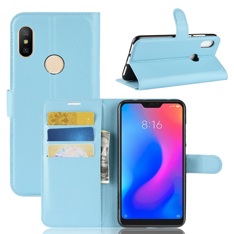 Litchi Texture Wallet Stand Leather Stand Card Holders Case for Xiaomi Redmi Note 6 Pro - Baby Blue-1