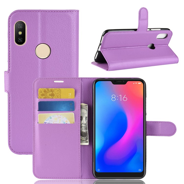 Litchi Texture Wallet Stand Leather Cellphone Protective Case for Xiaomi Redmi Note 6 Pro - Purple-1